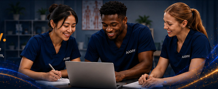 AAMW students working together with a laptop